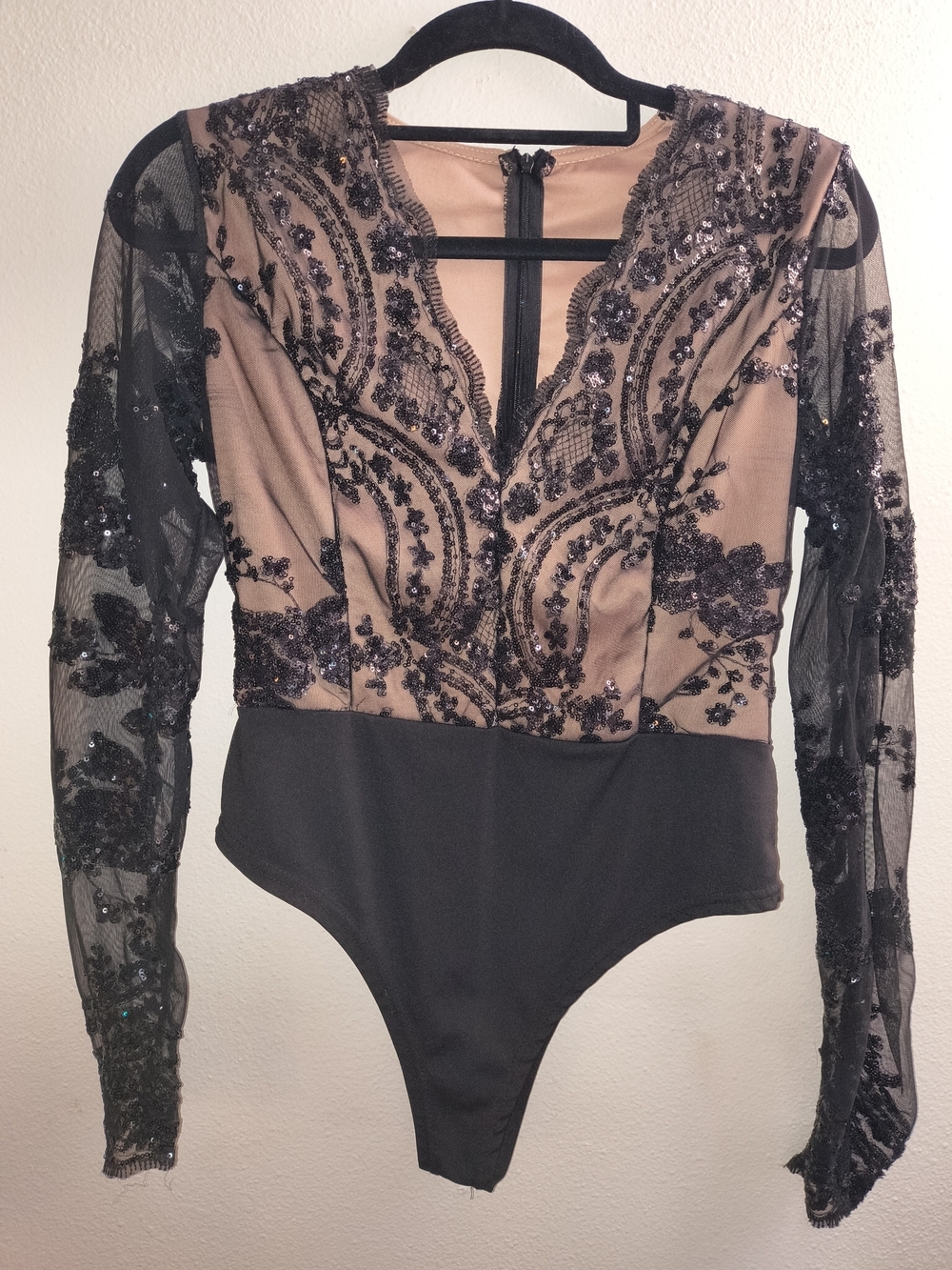 Black Sequin Lace Mesh Bodysuit Nude Illusion Long Sleeve Plunge Medium